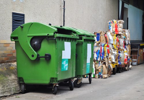Safe skip placement on a street with traffic cones and signage